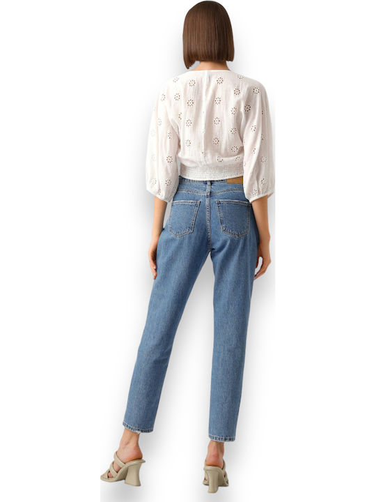 Women's Summer Crop Top Cotton with 3/4 Sleeve & V Neckline Snow White