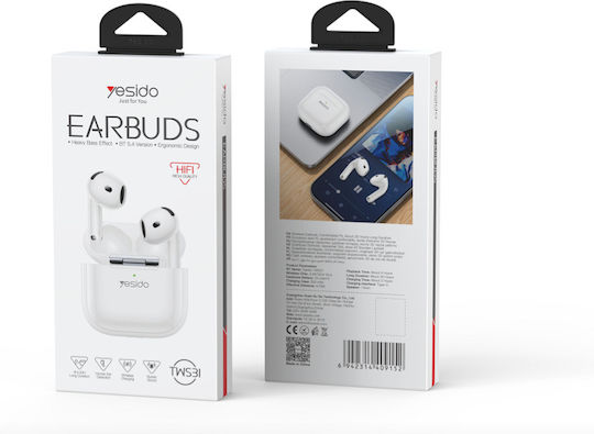 Yesido TWS31S Earbud Bluetooth Handsfree Ακουστικά με Θήκη Φόρτισης Λευκά