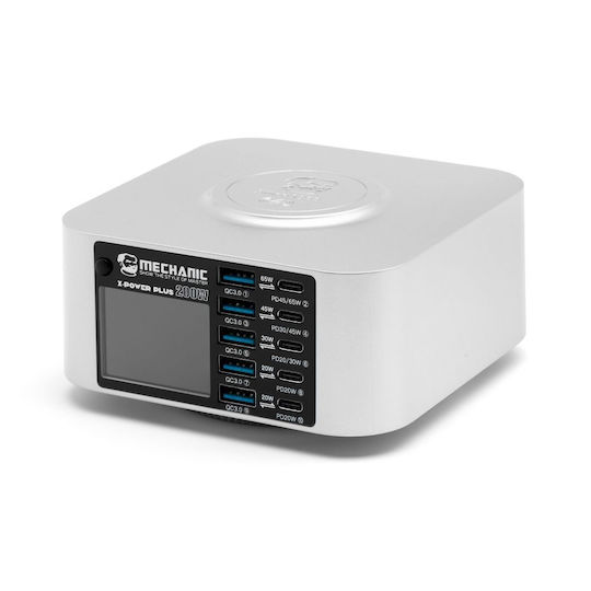 Mechanic Ladestation mit 5 USB-A Anschlüsse und 5 USB-C Anschlüsse 200W Stromlieferung / Schnellaufladung 3.0 in Silber Farbe (X-Power PLUS)