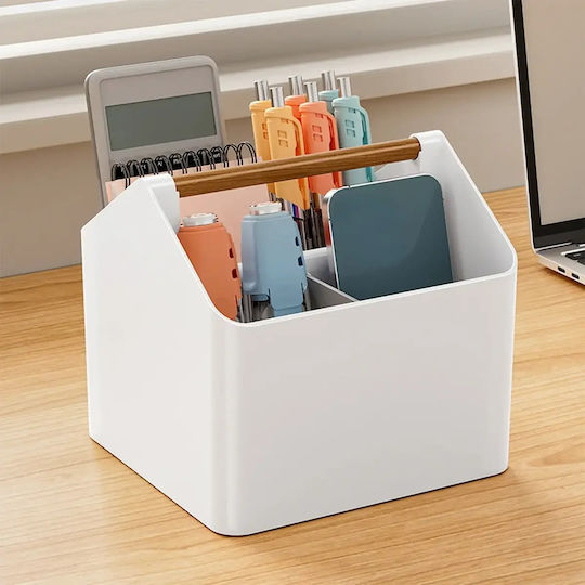 Desk Organizer Zola 4 Compartments Wooden Handle Plastic 18 X 16.5 X 16.5 Cm White