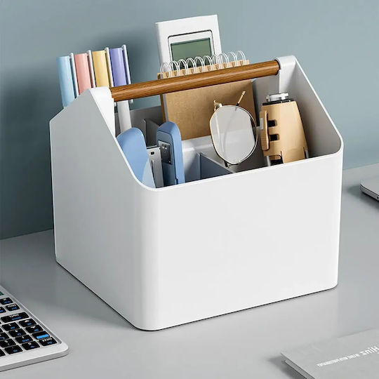 Desk Organizer Zola 4 Compartments Wooden Handle Plastic 18 X 16.5 X 16.5 Cm White