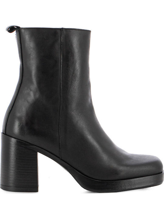 Leather Women's Ankle Boots with High Heel Black