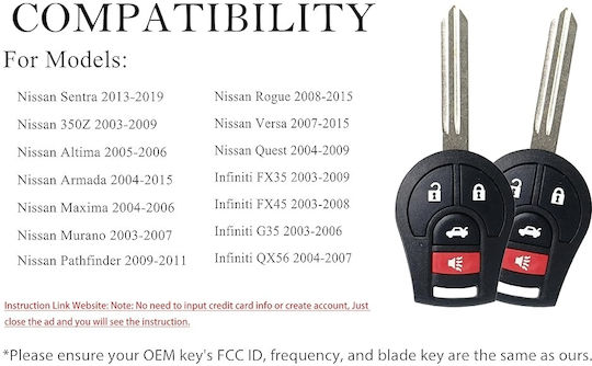 Cheie Auto pentru Nissan X-Trail / Sentra / Altima / Tiida / Însorit / Maxima / 350Z / Murano / Căutător de drumuri / Flotă / Căutare
