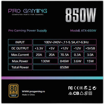 ProGaming 850W Schwarz Computer-Netzteil Vollständig modular 80 Plus Gold (PGPSU850G2)