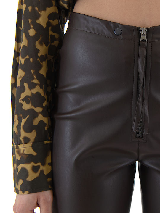 Faux Damen Hoch tailliert Stoff Hose mit Gummizug in Schlanker Passform Brown