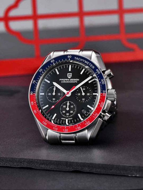 Pagani Design Ανδρικό Ρολόι 40mm Χρονογράφος Μπαταρίας με Ασημί Ατσάλινο Μπρασελέ