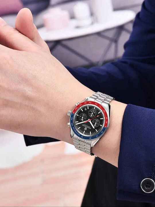 Pagani Design Ανδρικό Ρολόι 40mm Χρονογράφος Μπαταρίας με Ασημί Ατσάλινο Μπρασελέ