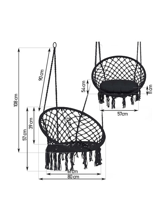 Leagăn suspendat fotoliu cu pernă material textil Negru Rezistență până la 150kg L80xL63xH57cm
