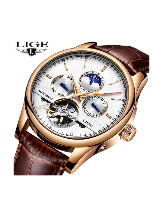 Lige Ceas Barbatesc 43mm Cronograf Automat cu Curea din Piele Maro