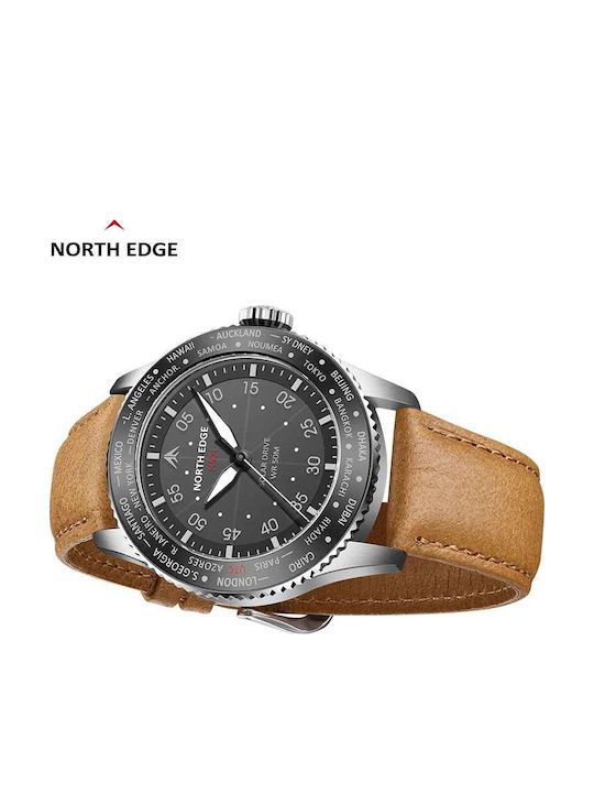 North Edge Ceas Digital Bărbătesc 22mm Cronograf Solar cu Curea din Piele Maro
