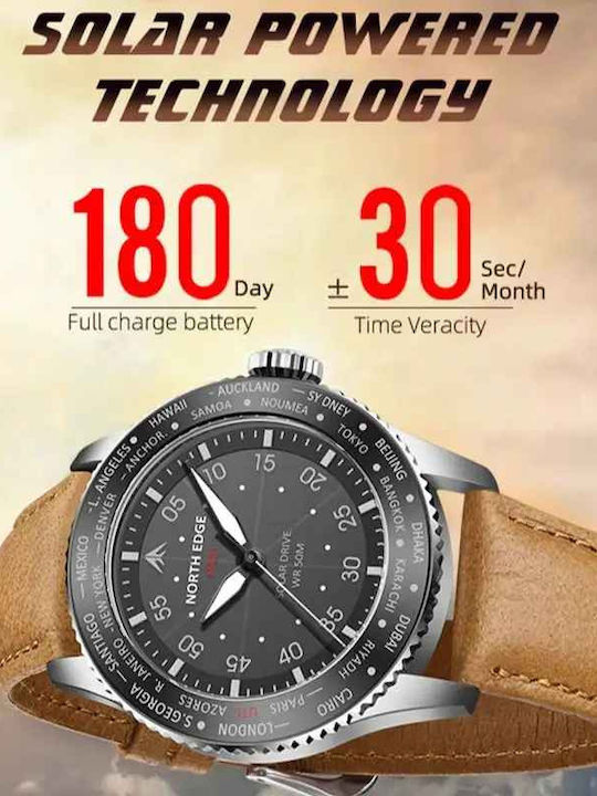 North Edge Ceas Digital Bărbătesc 22mm Cronograf Solar cu Curea din Piele Maro