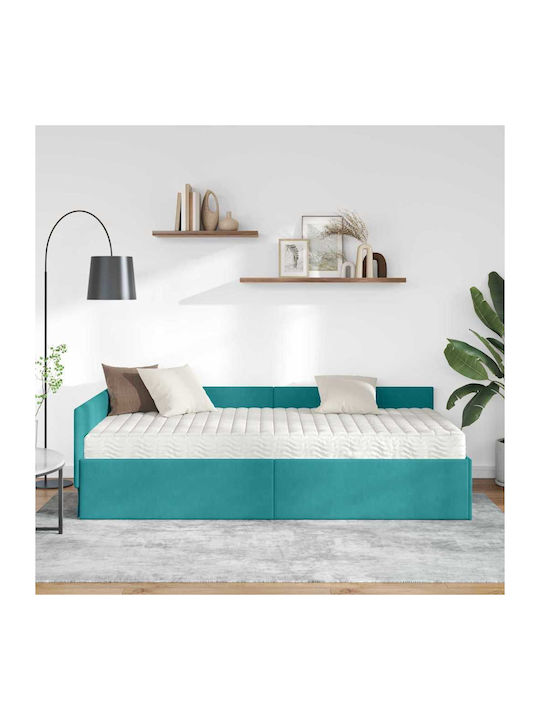 Pat Single Tapițat cu Catifea Turcoaz cu Plăci și Saltea 100x200cm