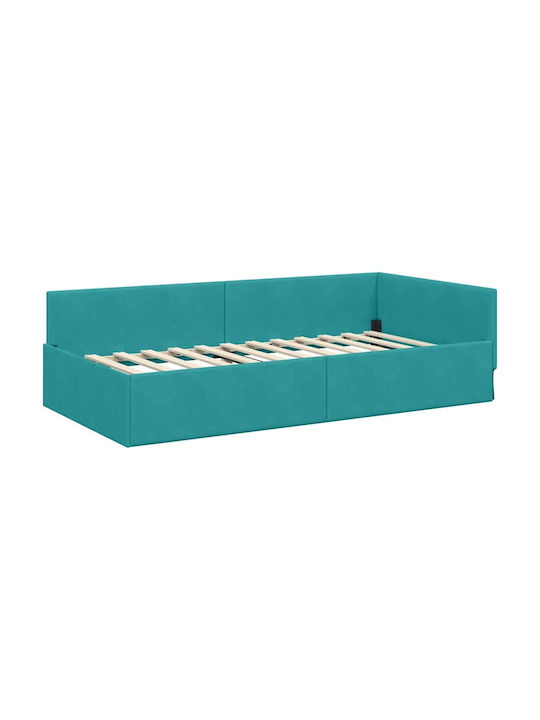 Pat Single Tapițat cu Catifea Turcoaz cu Plăci și Saltea 100x200cm