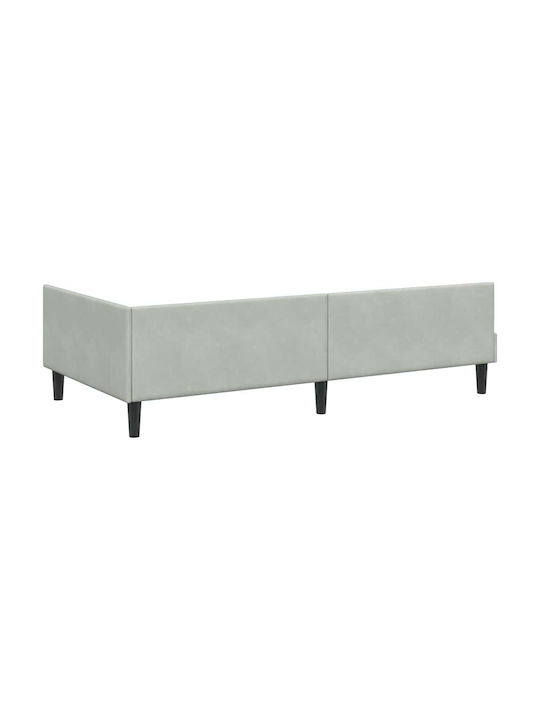 Pat Single Tapițat cu Catifea Gri Deschis cu Plăci și Saltea 94x190cm