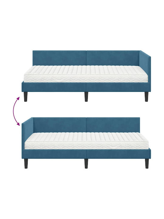 Single Bed Upholstered with Velvet Blue Velvet with Slats and Mattress 80x200cm