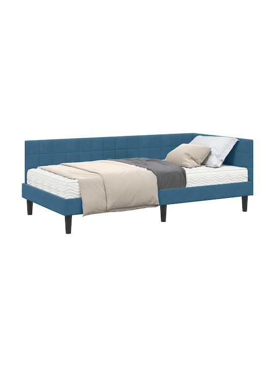 Pat Single Tapițat cu Catifea Albastră Catifea cu Plăci și Saltea 94x190cm