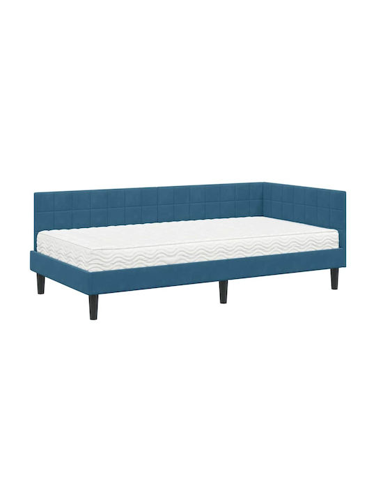 Pat Single Tapițat cu Catifea Albastră Catifea cu Plăci și Saltea 94x190cm
