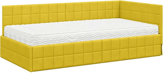 Pat Single Tapițat cu Catifea Galbenă Catifea cu Plăci și Saltea 94x190cm