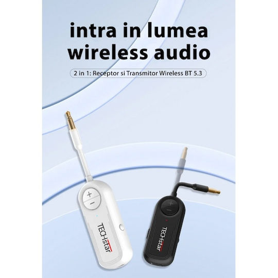 Wireless 2 În 1 Receptor Transmițător Audio Tx Rx Techstar M28 Alb Bluetooth Bt 5.3 Conector Port Audio 3.5mm