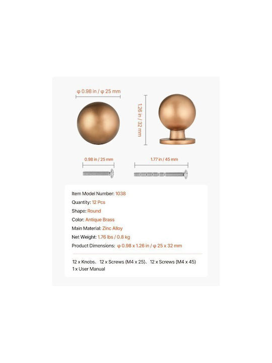 Vevor Antique Knob Furniture made of Metallic Αντίκα Ορείχαλκου D25mm CJXNYQ12PCS0E1OAF001V0 12pcs