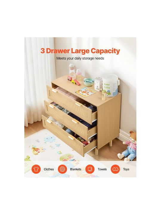 Wooden Chest of Drawers with 3 Drawers Natural Rattan 80x35x77cm