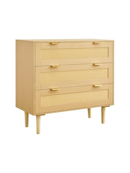 Wooden Chest of Drawers with 3 Drawers Natural Rattan 80x35x77cm