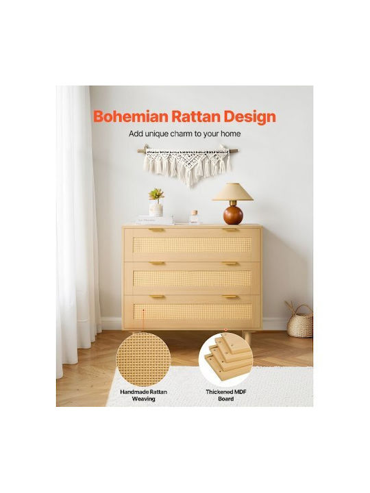 Wooden Chest of Drawers with 3 Drawers Natural Rattan 80x35x77cm