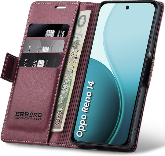 Θήκη Oppo Reno 14 Erbord Glossy Litchi Πορτοφόλι Πτυσσόμενο Καπάκι Κόκκινο
