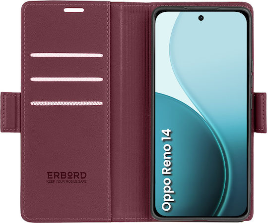 Θήκη Oppo Reno 14 Erbord Glossy Litchi Πορτοφόλι Πτυσσόμενο Καπάκι Κόκκινο