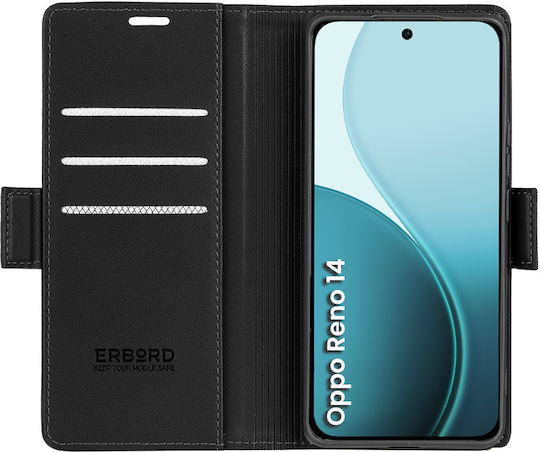 Oppo Reno 14 Erbord Glossy Litchi Brieftasche Klappdeckel Schwarze