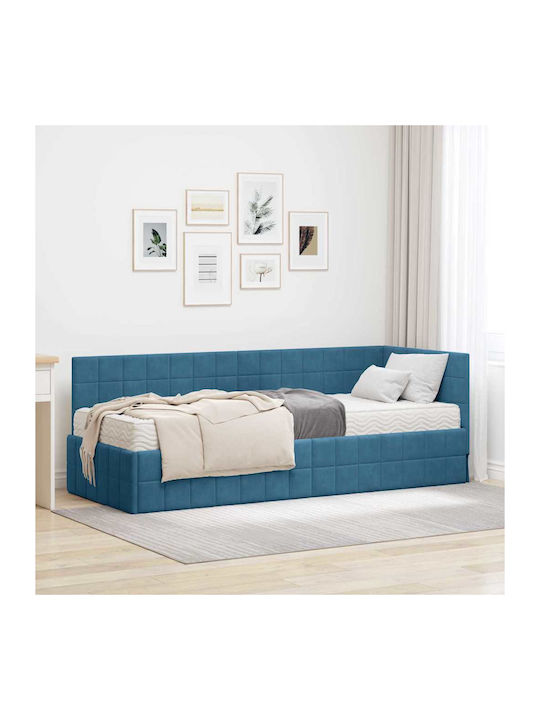 Single Bed Upholstered with Velvet Blue Velvet with Slats & Mattress 80x200cm
