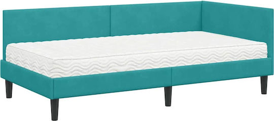 Single Upholstered Bed with Velvet Turquoise with Slats & Mattress 80x200cm