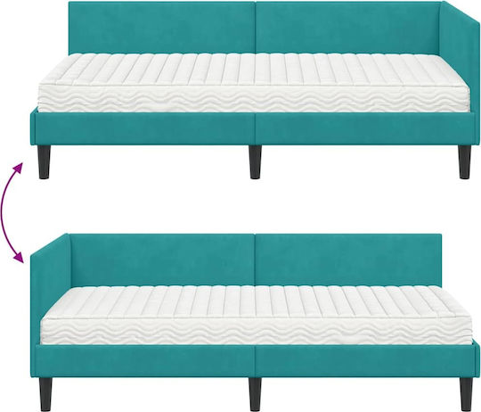 Single Upholstered Bed with Velvet Turquoise with Slats & Mattress 80x200cm
