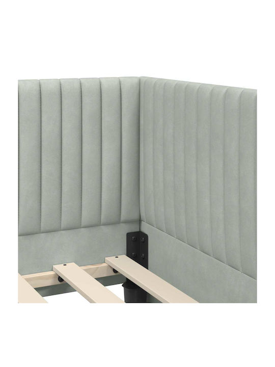 Pat Single Tapițat cu Catifea Gri Deschis cu Plăci și Saltea 80x200cm