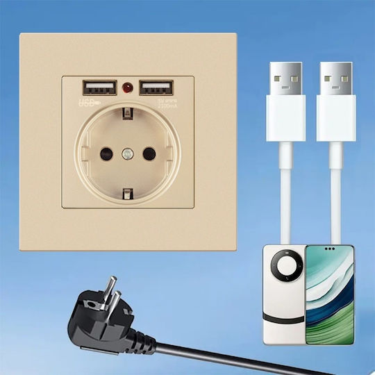 Priză Electrică cu 2 Porturi Usb Ts-pc 110-250v 16a Ignifugă 86x86mm Aurie