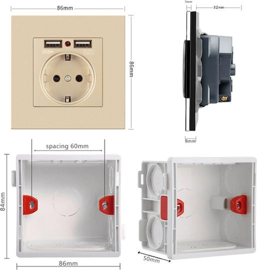 Priză Electrică cu 2 Porturi Usb Ts-pc 110-250v 16a Ignifugă 86x86mm Aurie