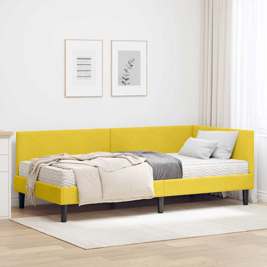 Pat Single Tapitat cu Catifea Galbenă cu Plăci și Saltea 80x200cm