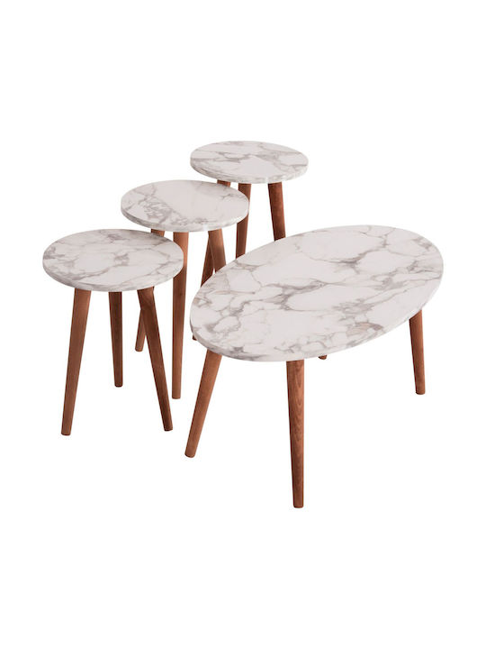Oval Central Coffee Table Vital Wooden White Marble - Walnut W90xD50xH42cm