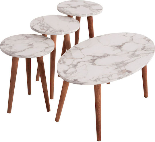 Oval Central Coffee Table Vital Wooden White Marble - Walnut W90xD50xH42cm
