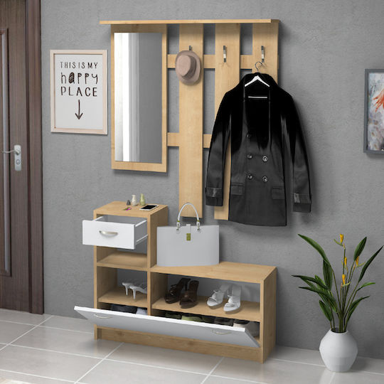 Raynold Eingangsmöbel mit Spiegel / Garderobe & Schuhschrank Natural / White 100x30x180cm