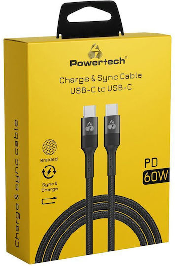 Powertech USB 2.0 Cable USB-C Male - USB-C 60W PD Black 1.5m PTR-0168