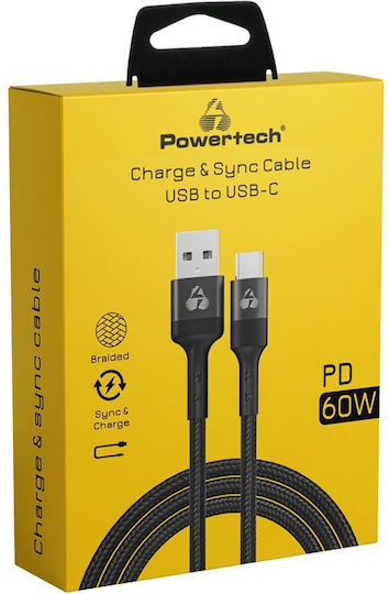 Powertech USB 2.0 Cable USB-C Male - USB-A 60W PD Black 1.5m PTR-0169