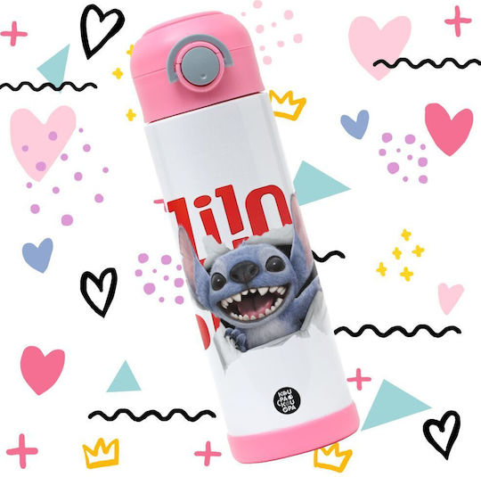 Koupakoupa Stitch Kinder Trinkflasche aus Rostfreiem Stahl mit Stroh Rosa 500ml