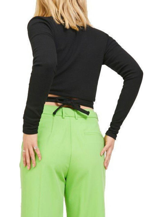 Women's Crop Top Cotton Long Sleeve with V Neckline Black
