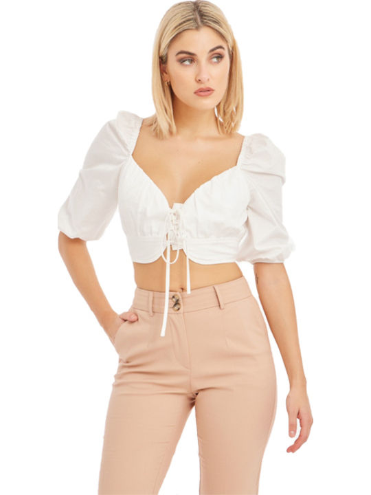Juicy Women's Summer Crop Top with 3/4 Sleeve & V Neckline White