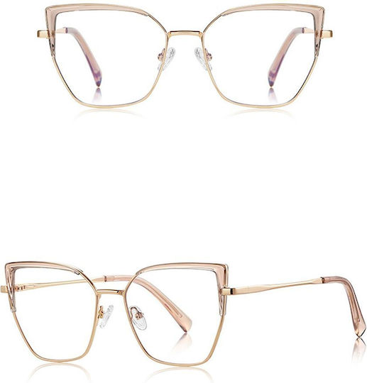 Techsuit Anti-Blue Light Glasses Reflex PC 3156 Women Cat Eye Metal Frame AC Lens Gold Pink