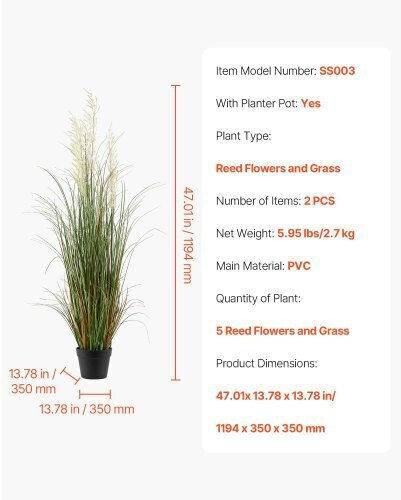 Vevor Set 2 Artificial Reed Plants 1194mm Potted Premium Green PVC Indoor & Outdoor Decoration Dpklwhls47inm48c5001v0