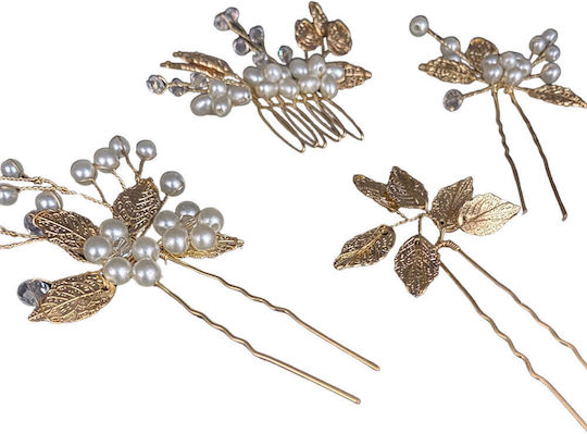 Set of 4 Hairpins Bridal Hair Comb Gold Pearls Tamta