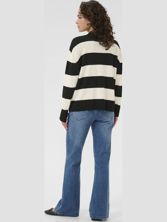 Bluza Damă Mânecă Lungă Pulover Cu Dungi Negru-Ecru