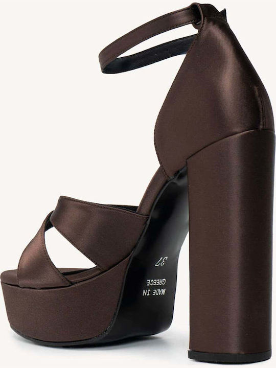 Braune Damen Sandalen Satin Blockabsatz